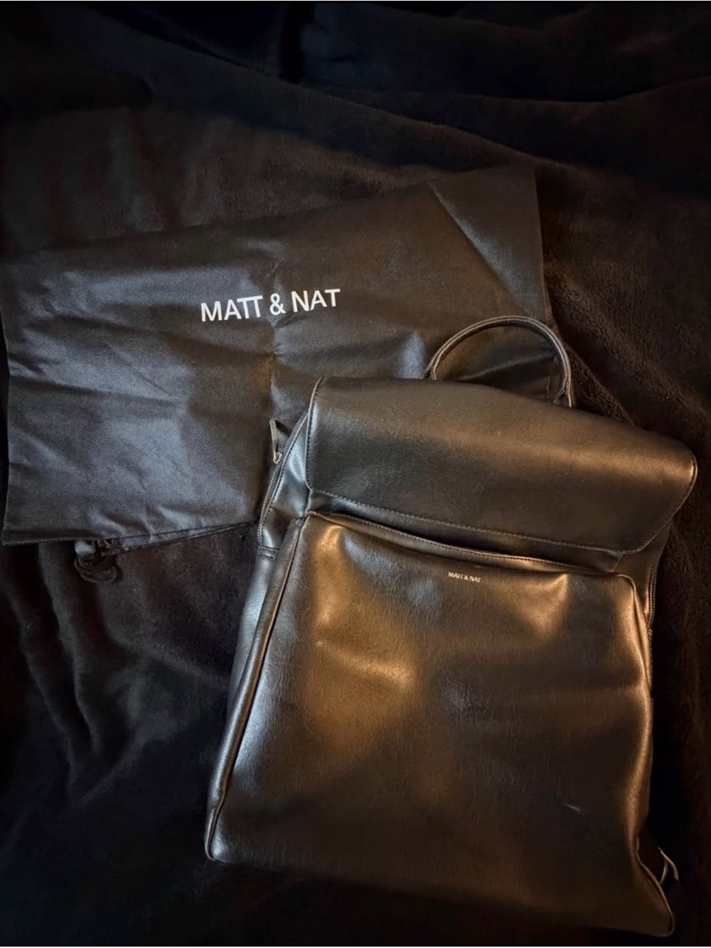 Matt & Nat Black Vegan Leather Backpack with Flap Top